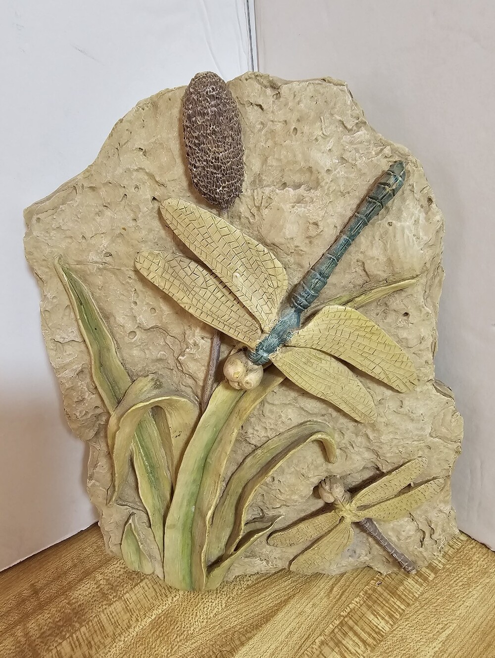 Vintage Dragonfly Cattail Ceramic Wall Art 3D Nature Relief Plaque Sculpture